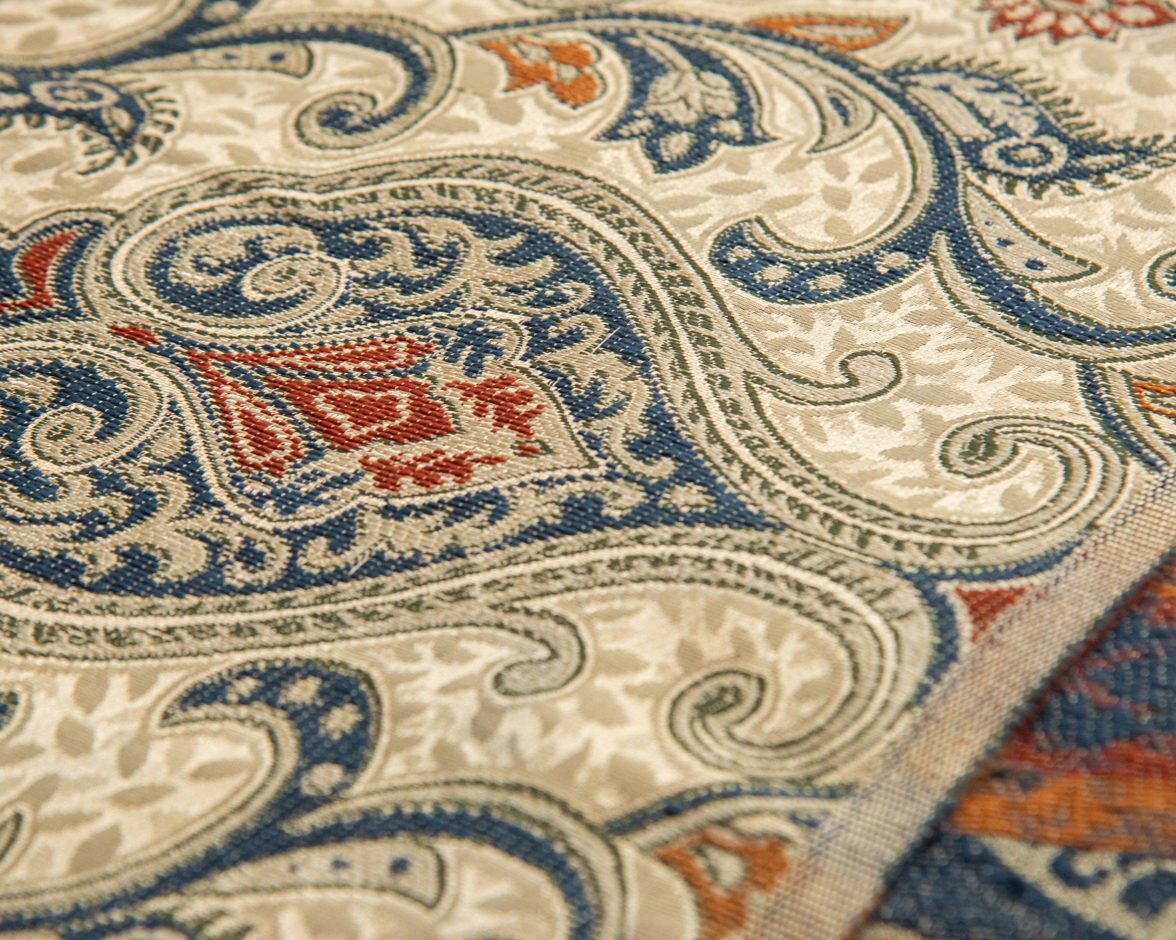 Versailles Medina Gold with Blue jacquard fabric for dining chair cushion craft retro vintage detail