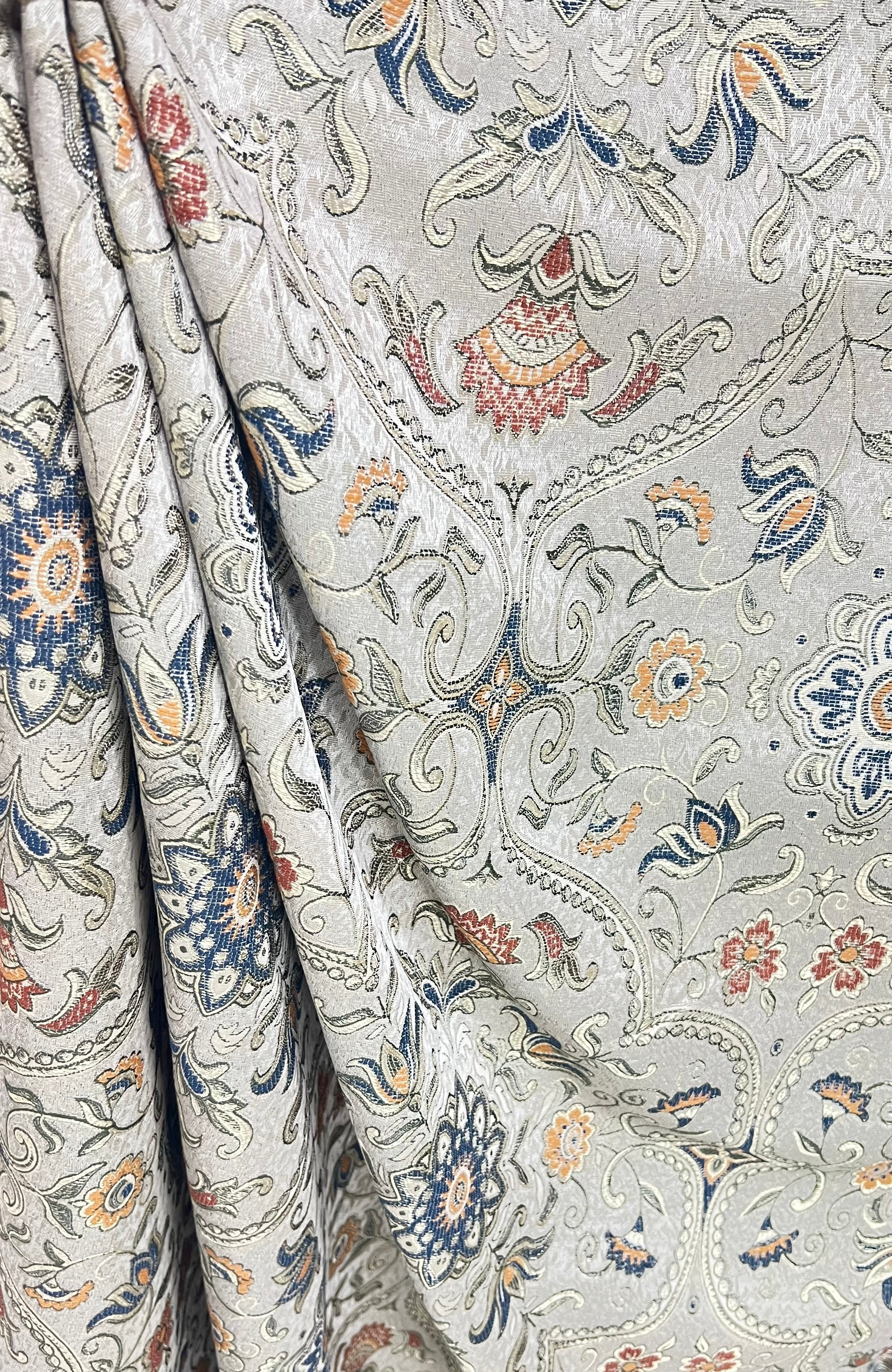 Royale Kasbah Ornate Silver with Blue retro vintage jacquard fabric for curtains drapery upholstery