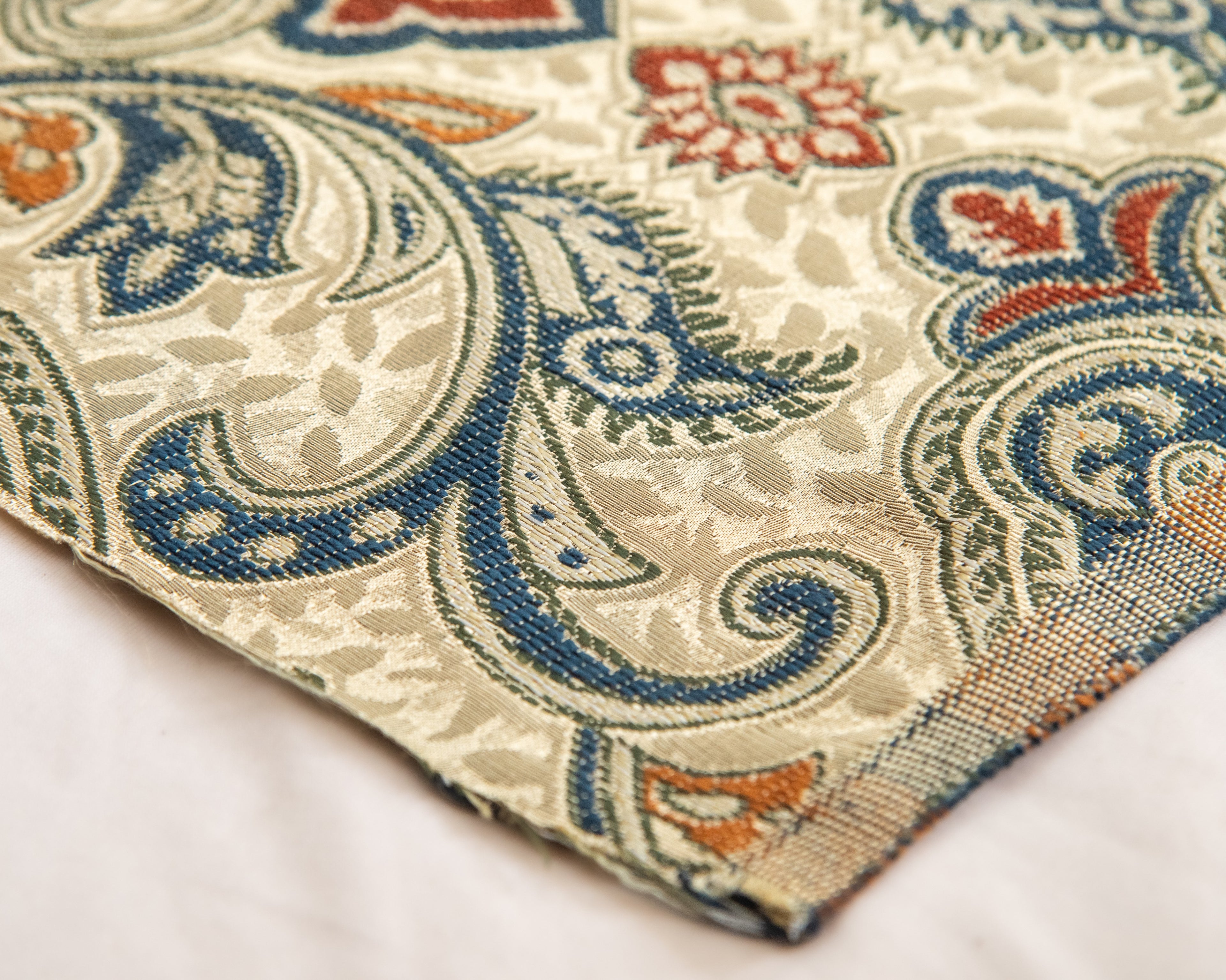 Versailles Medina Gold with Blue woven gold motif damask fabric for cushion craft upholstery