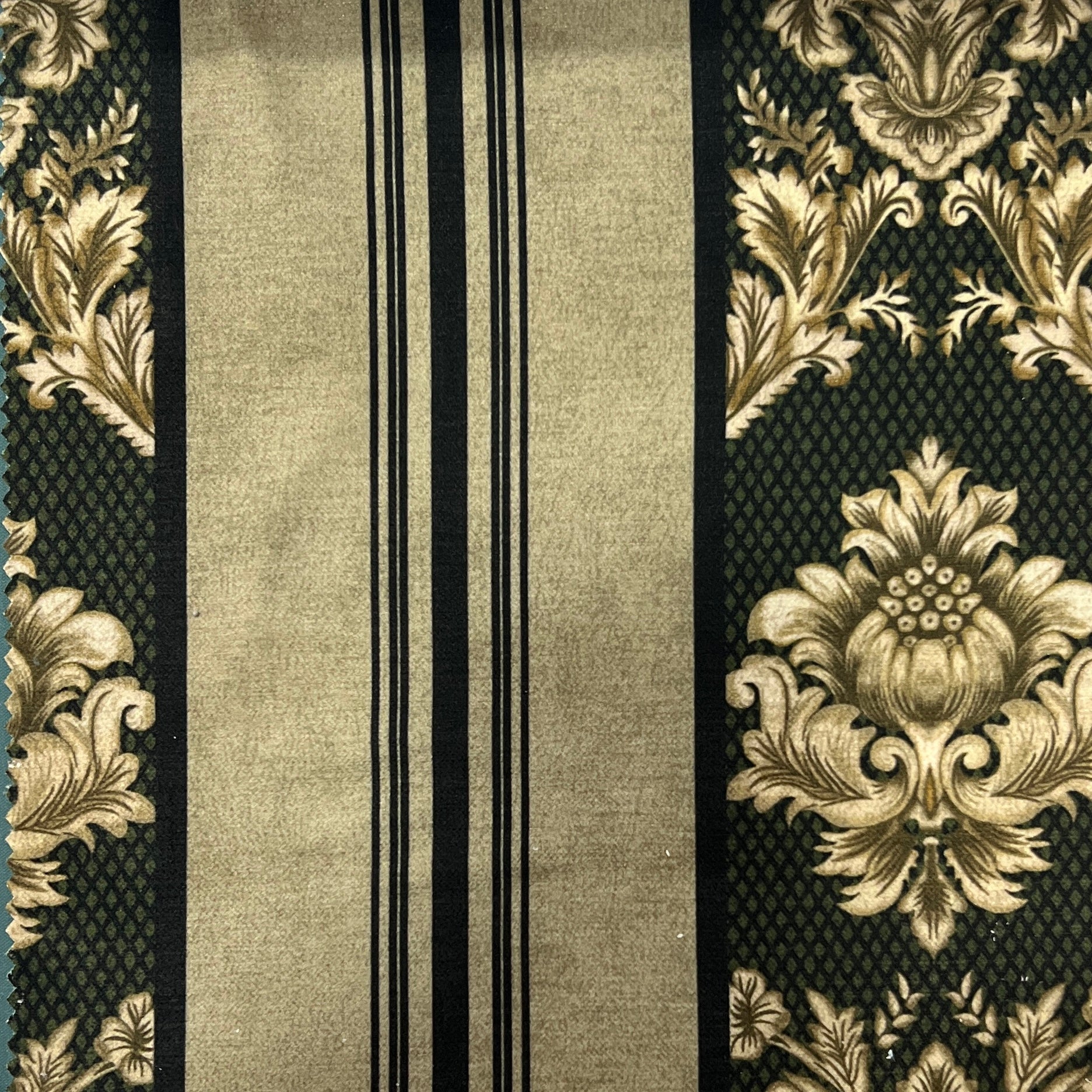 Decorative fabric with floral patterns in a striped design with Emerald Gold  background