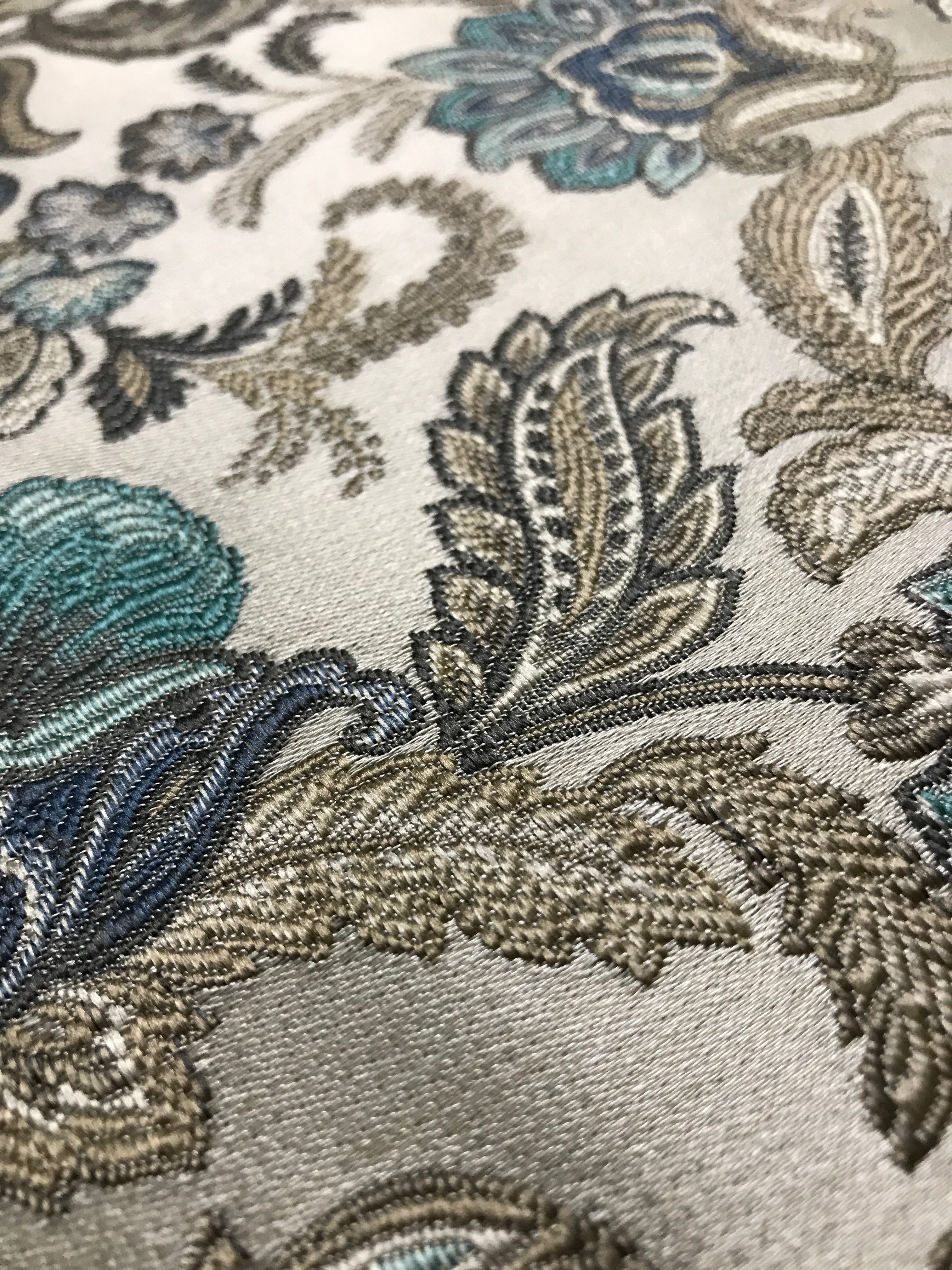 Decorative fabric with floral pattern in Teal Sage colors