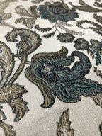 Close-up of intricate floral embroidery on fabric Teal Sage