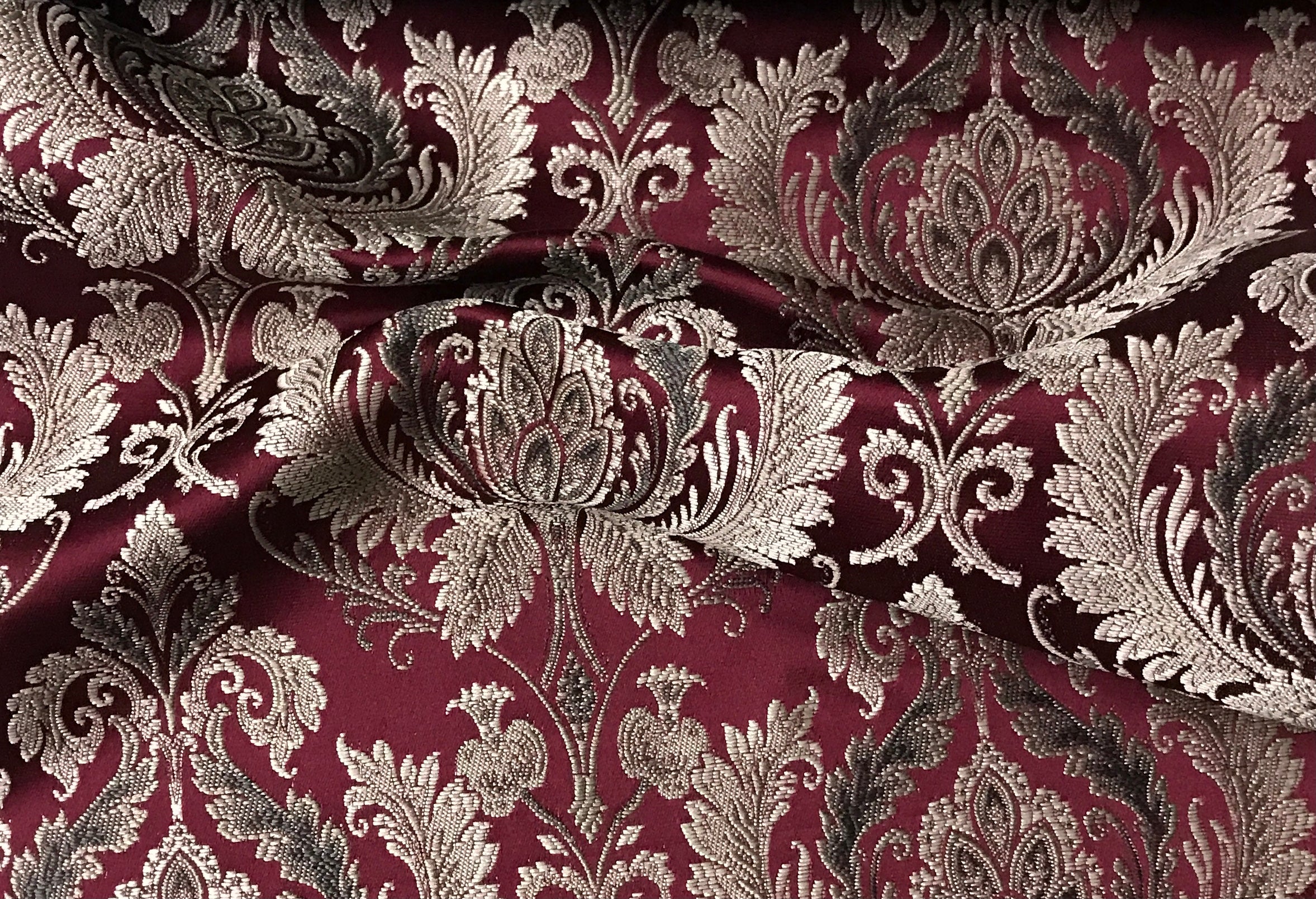 Maroon damask jacquard fabric angle detail for cushion covers curtains and drapery projects