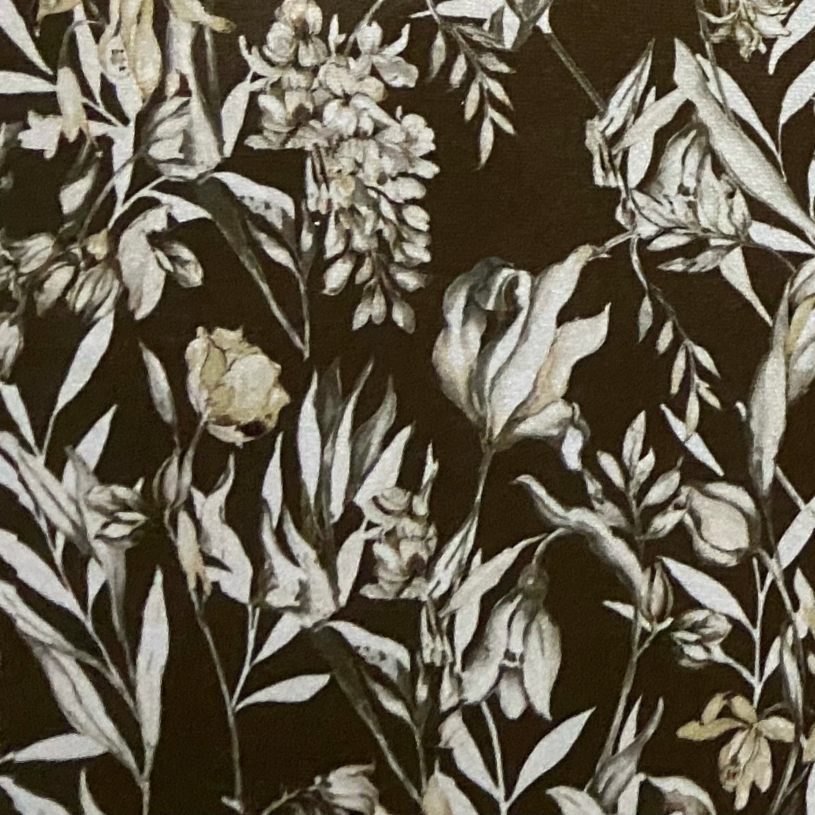 Floral pattern with green leaves and white flowers on Umber colored background