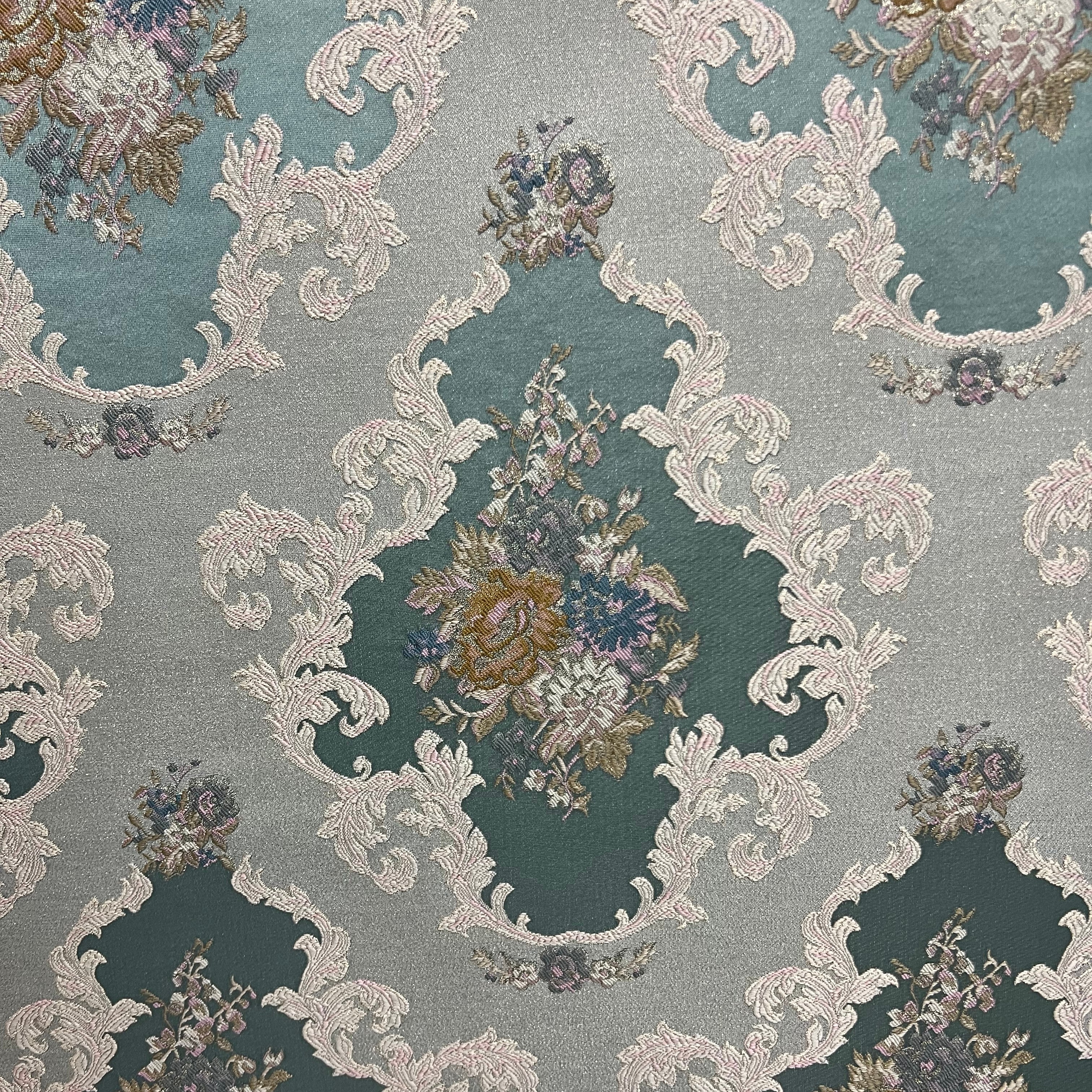 Decorative floral and leaf pattern on a Teal Blue background