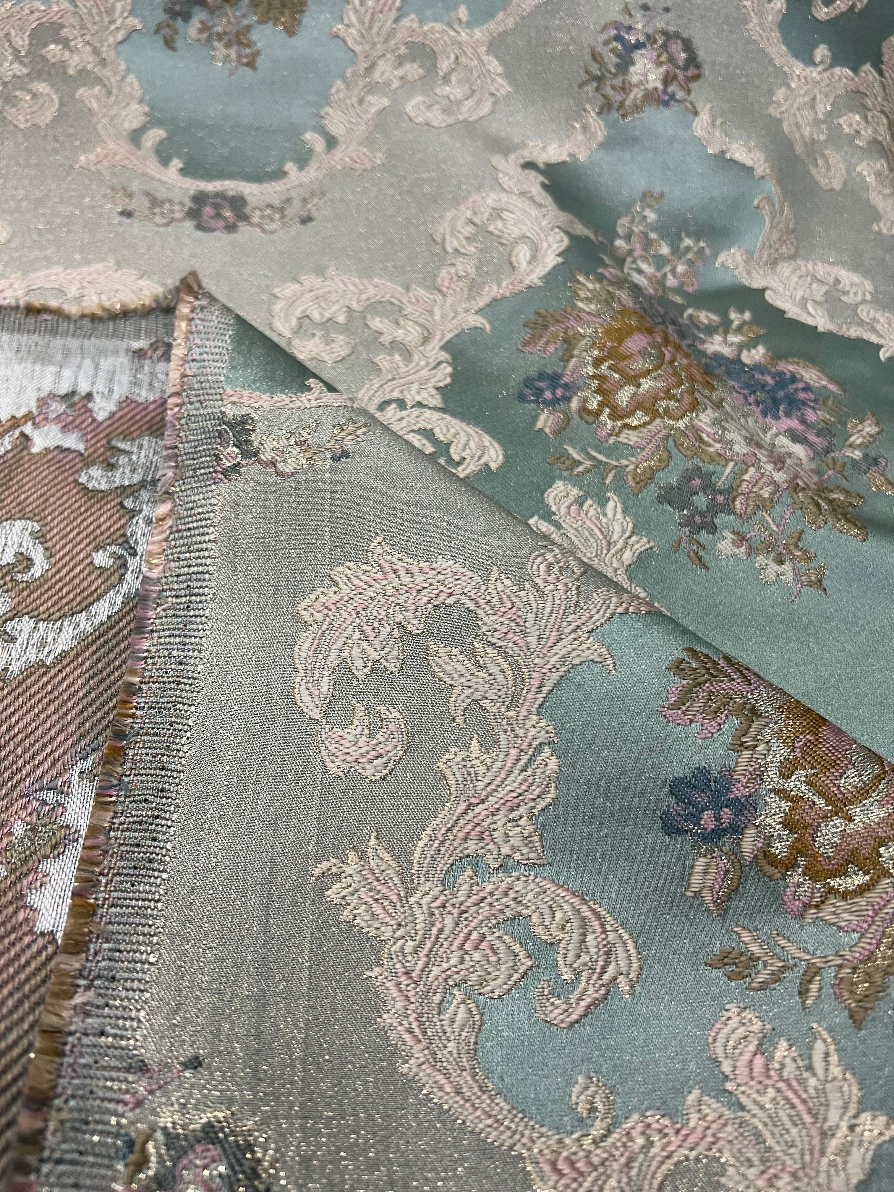 Decorative floral and leaf pattern on a Teal Blue background