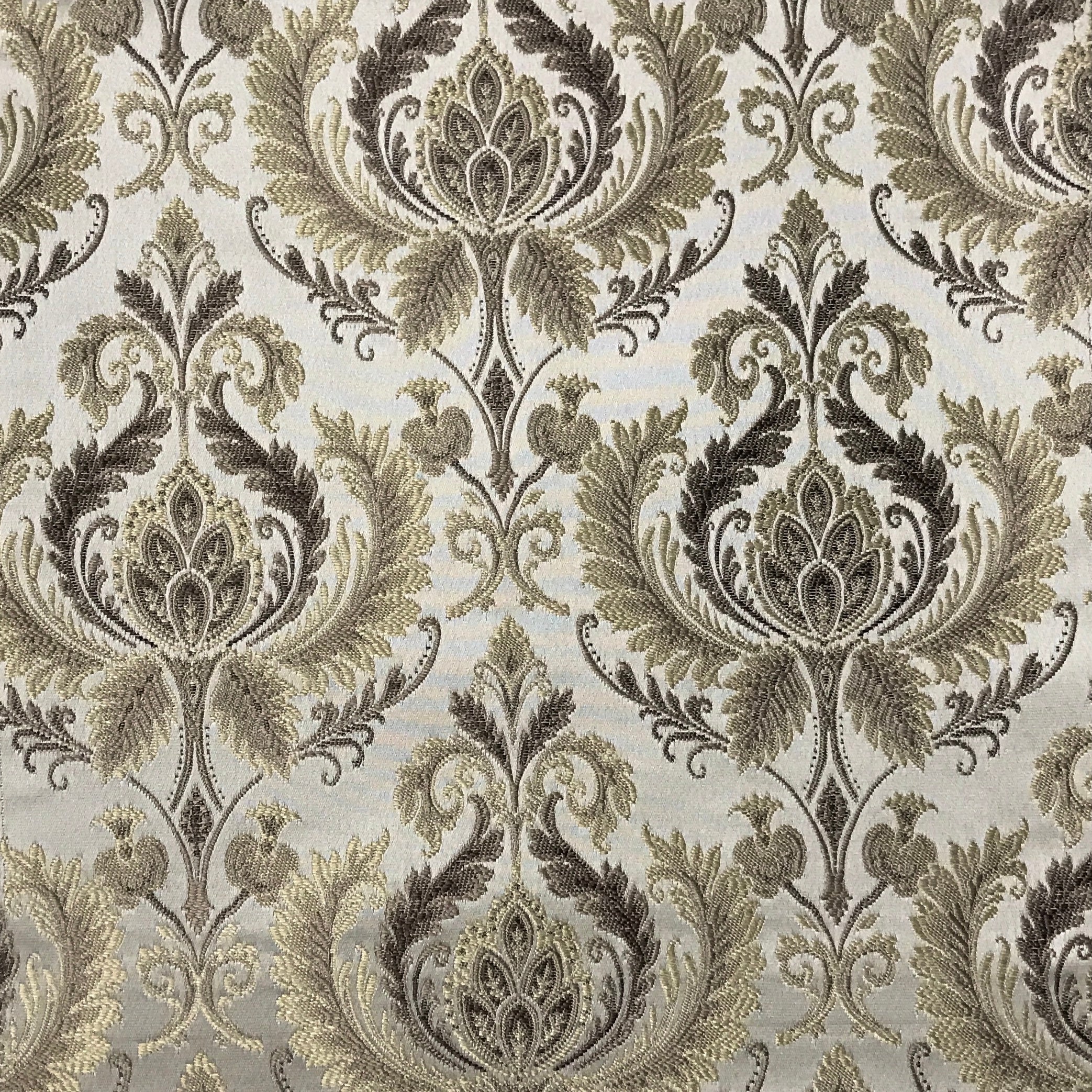 Taupe damask upholstery fabric by the yard, close-up pattern view