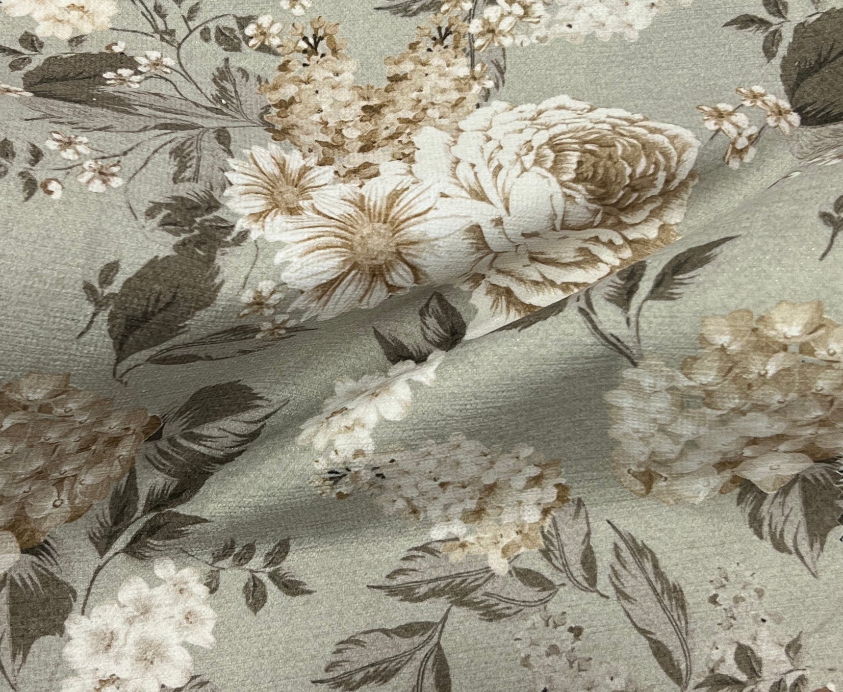 Floral pattern with white and beige flowers on a Sage background
