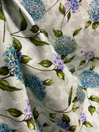 Pattern of Blue and purple Hydrangea on taupe background