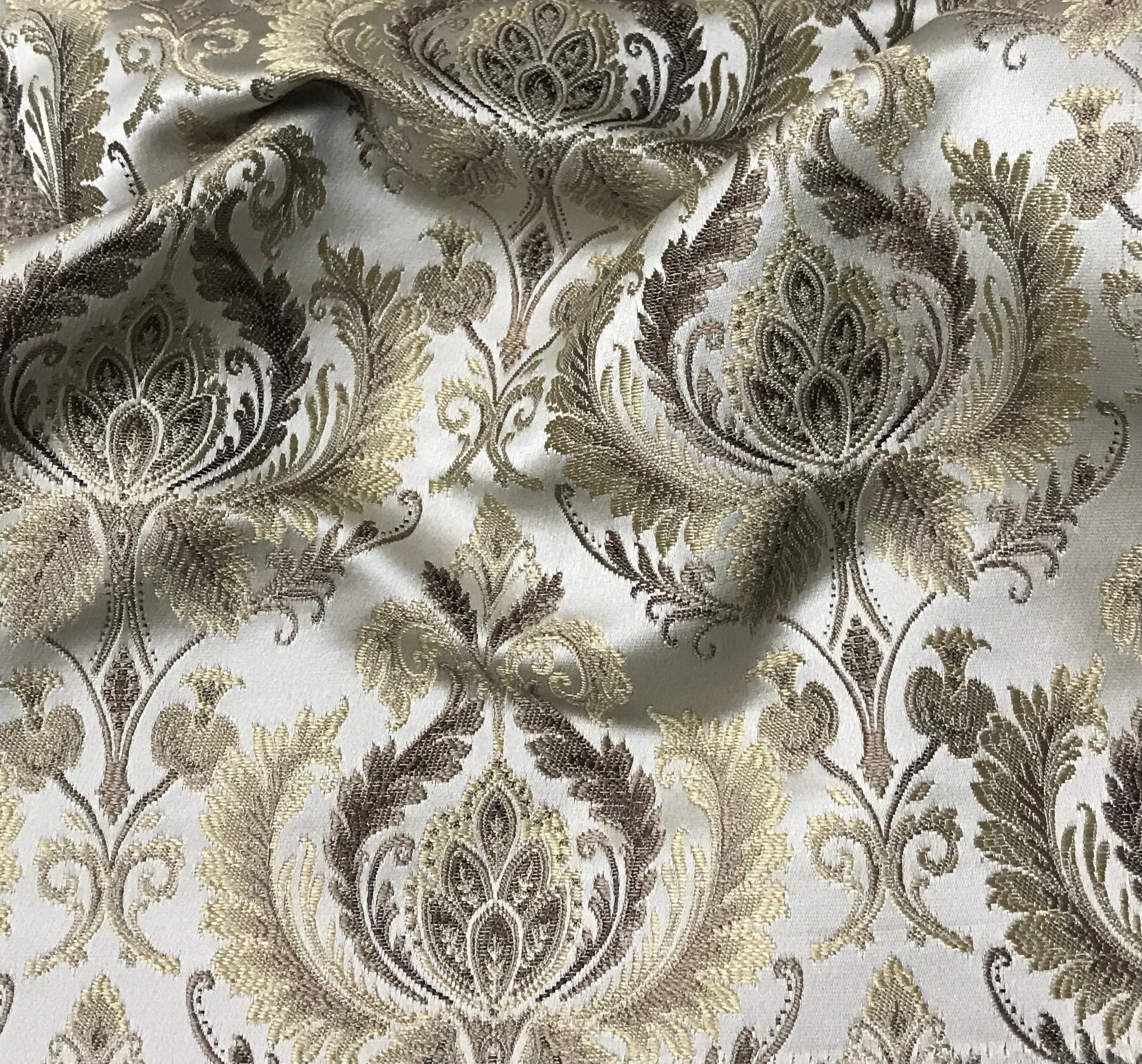 Taupe damask fabric by the yard, full pattern layout view