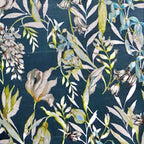 Floral pattern with green leaves and white flowers on Peacock Blue background