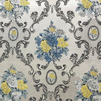 Decorative floral and damask baroque pattern with Blue and yellow flowers on a beige background