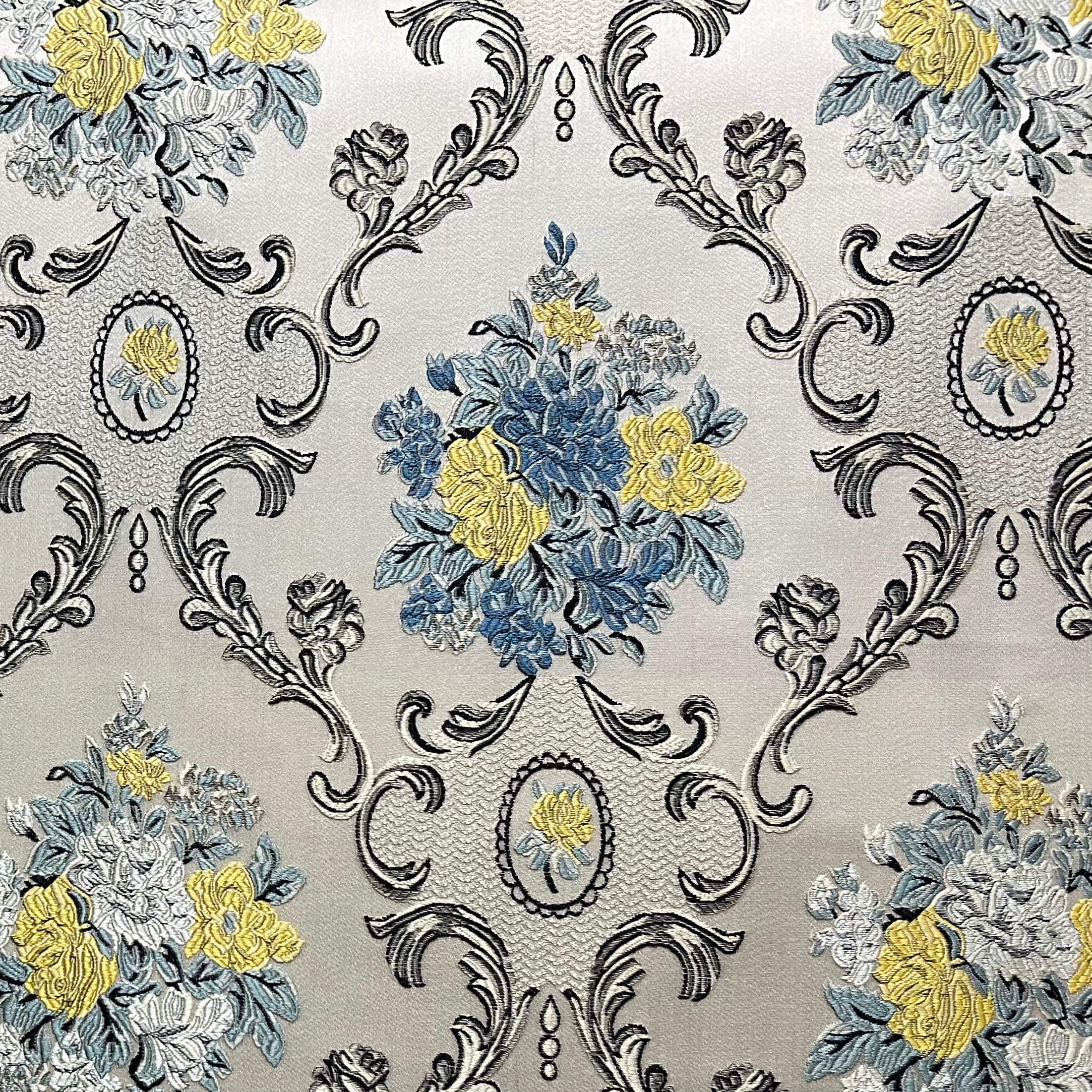 Decorative floral and damask baroque pattern with Blue and yellow flowers on a beige background