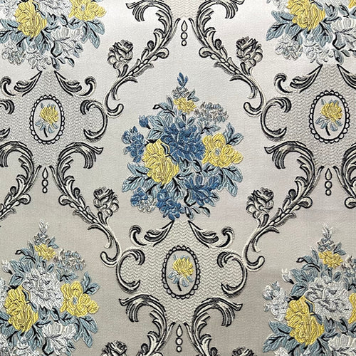 Decorative floral and damask baroque pattern with Blue and yellow flowers on a beige background