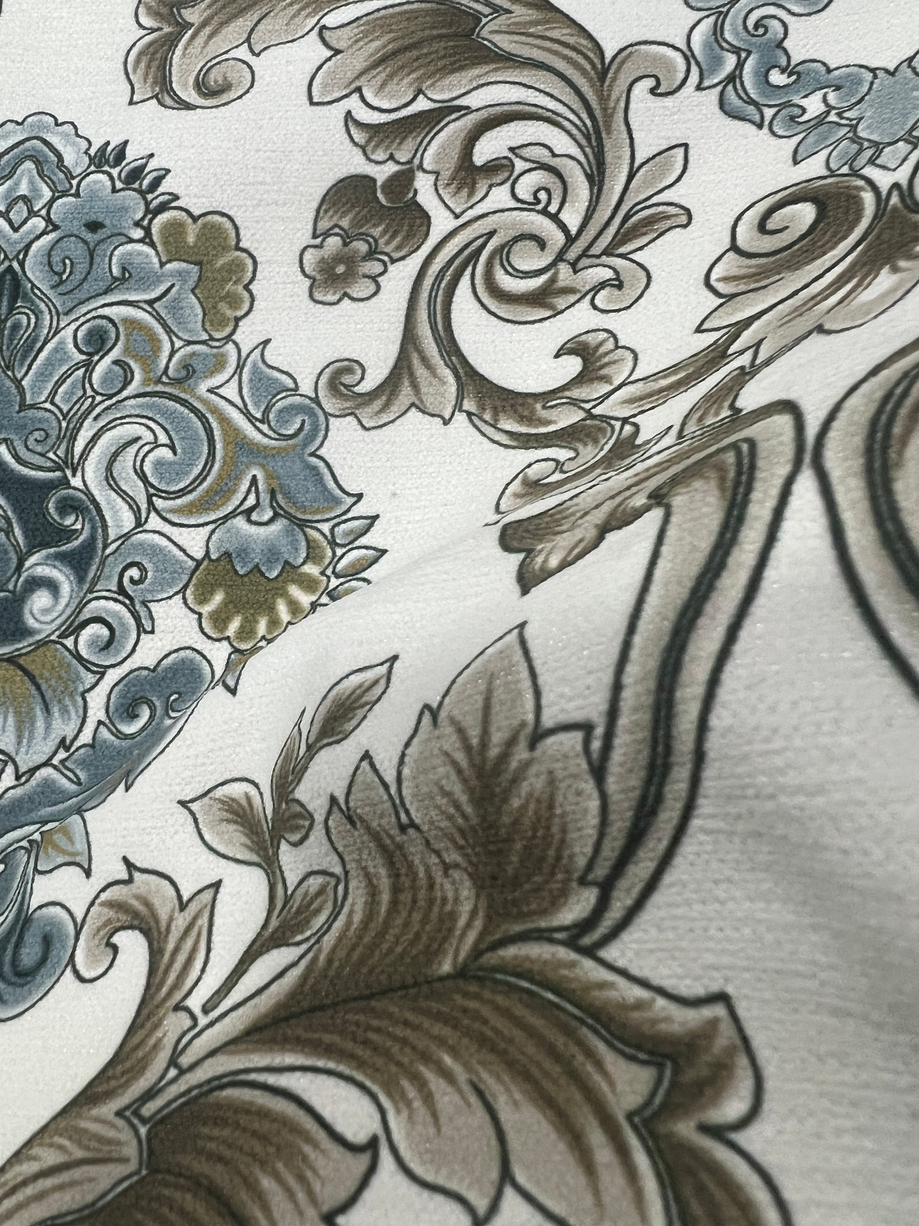 Decorative pattern with intricate floral Damask designs on a Ivory Taupe background