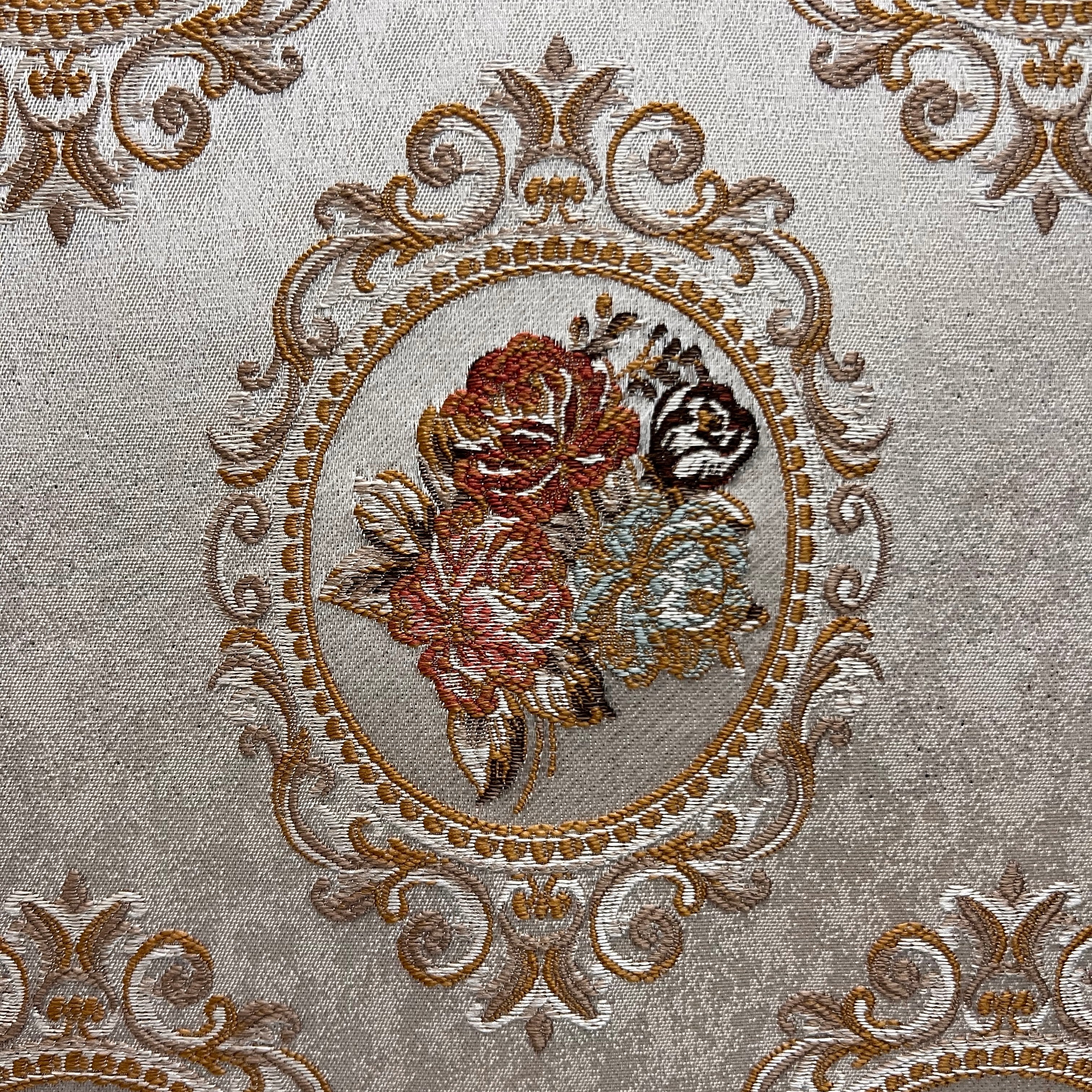 Decorative fabric with floral embroidery and intricate pattern such as Victorian Mirror Floral on an Antique White background