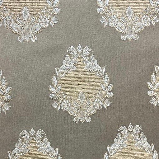 Decorative fabric pattern with intricate white designs on a Beige background