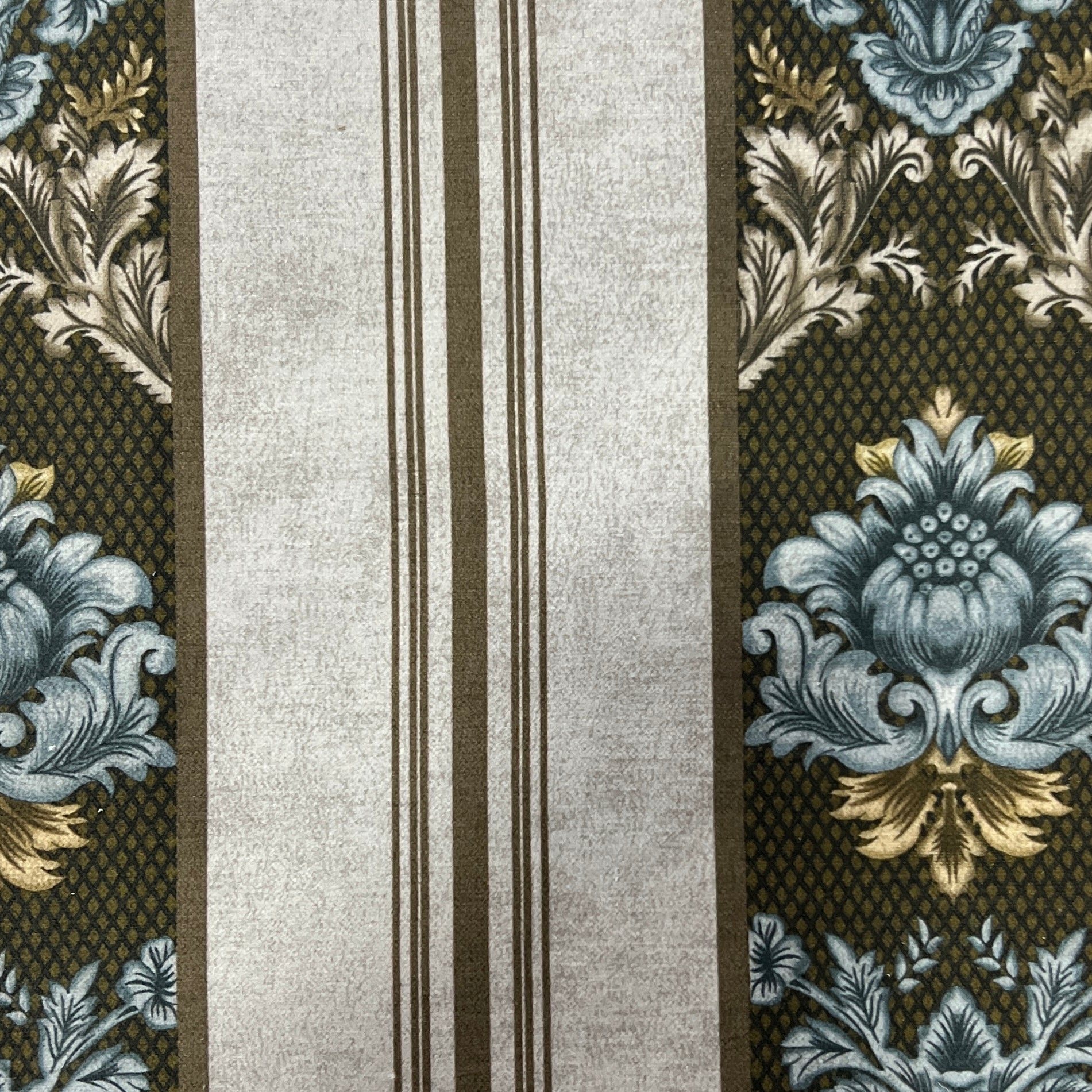 Decorative fabric with floral patterns in a striped design with Ivory Taupe background
