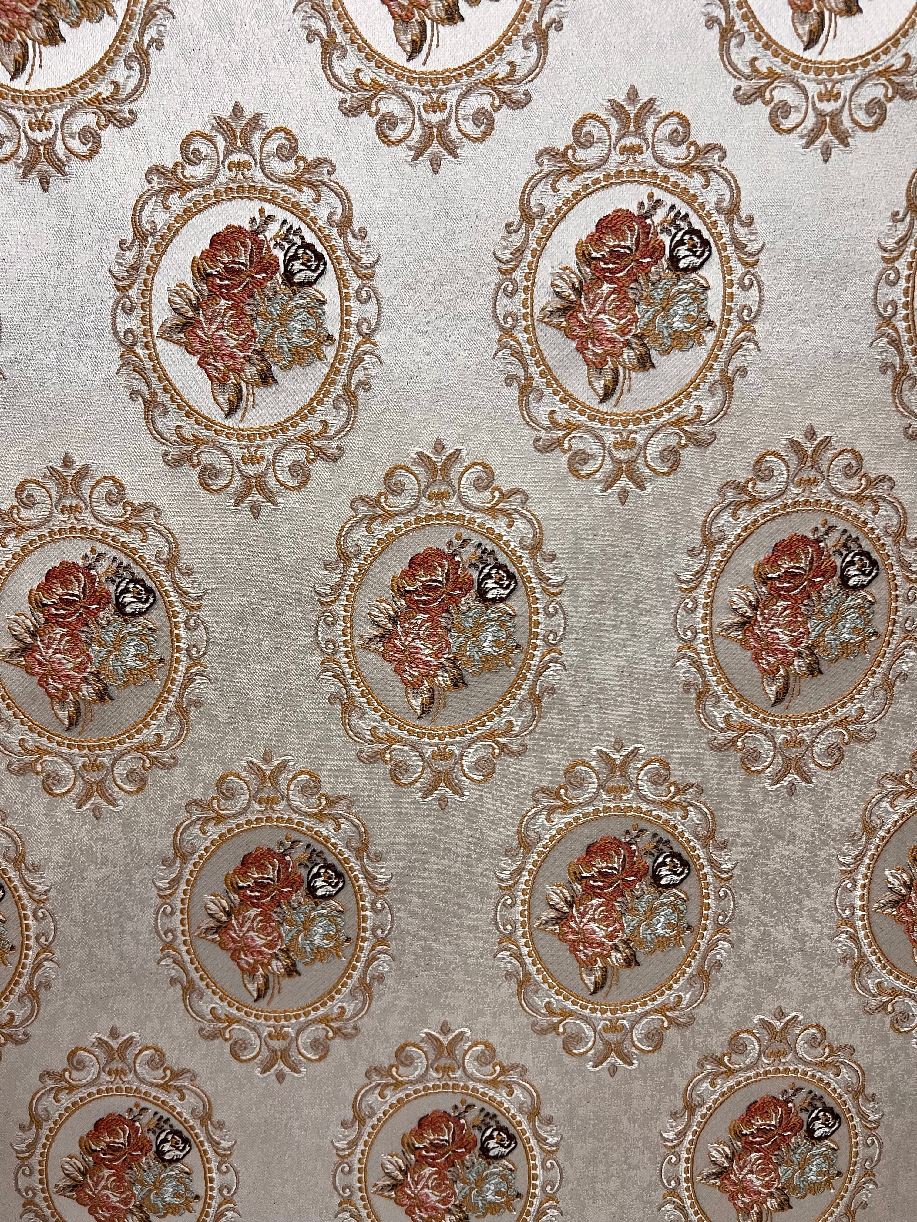 Decorative fabric with floral embroidery and intricate pattern such as Victorian Mirror Floral on an Antique White background