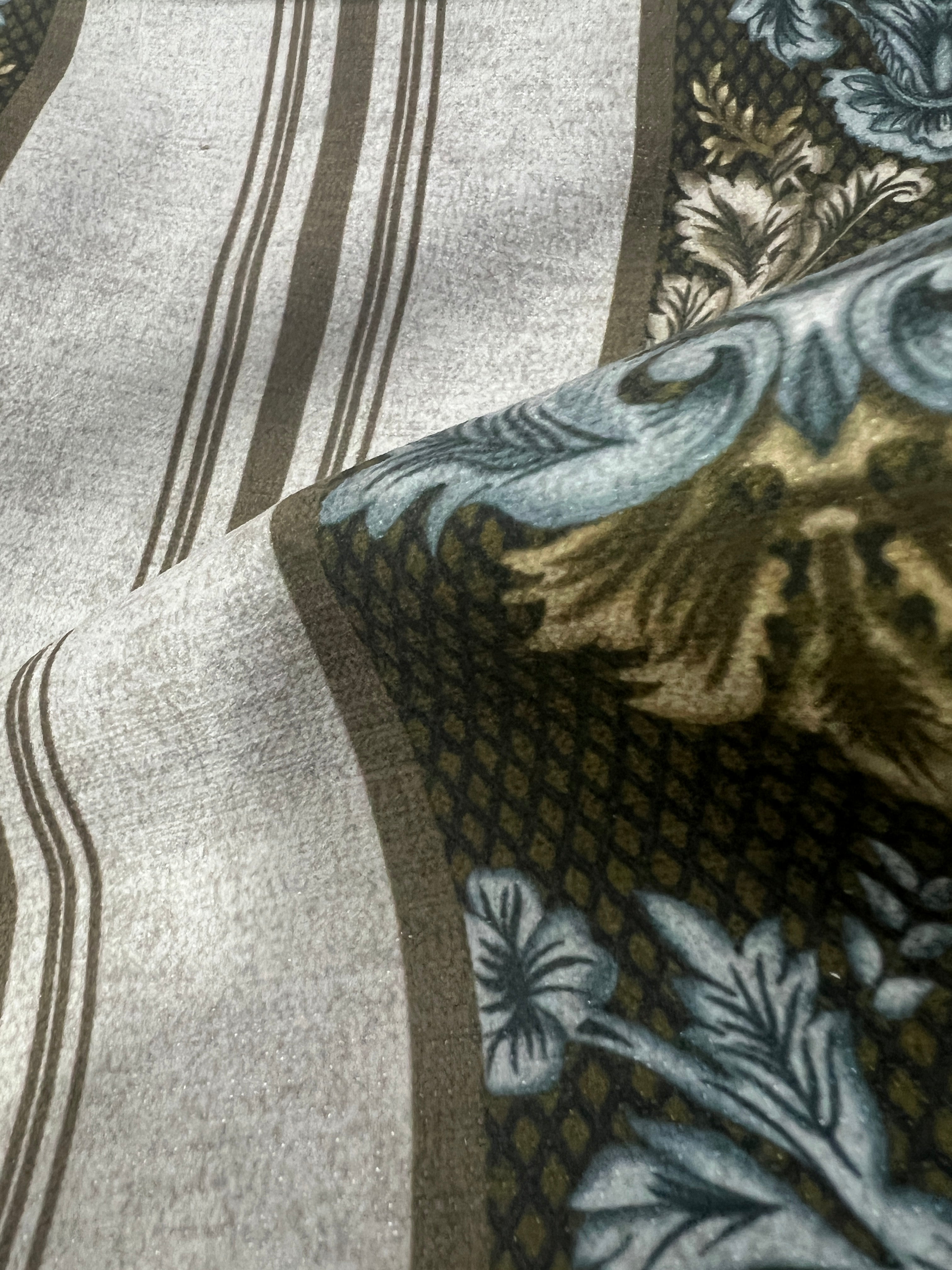 Decorative fabric with floral patterns in a striped design with Ivory Taupe  background