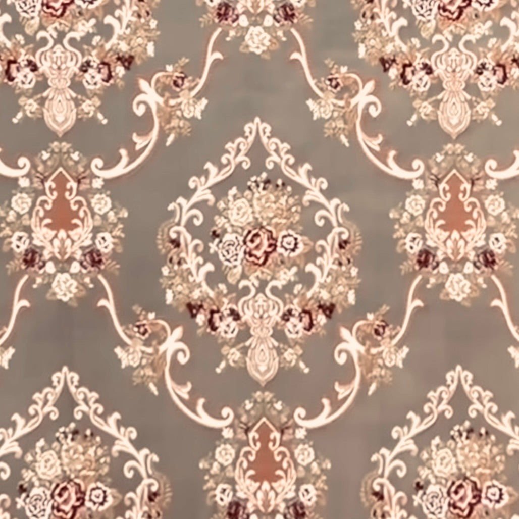 Decorative fabric with intricate floral damask on Heavenly Pink background