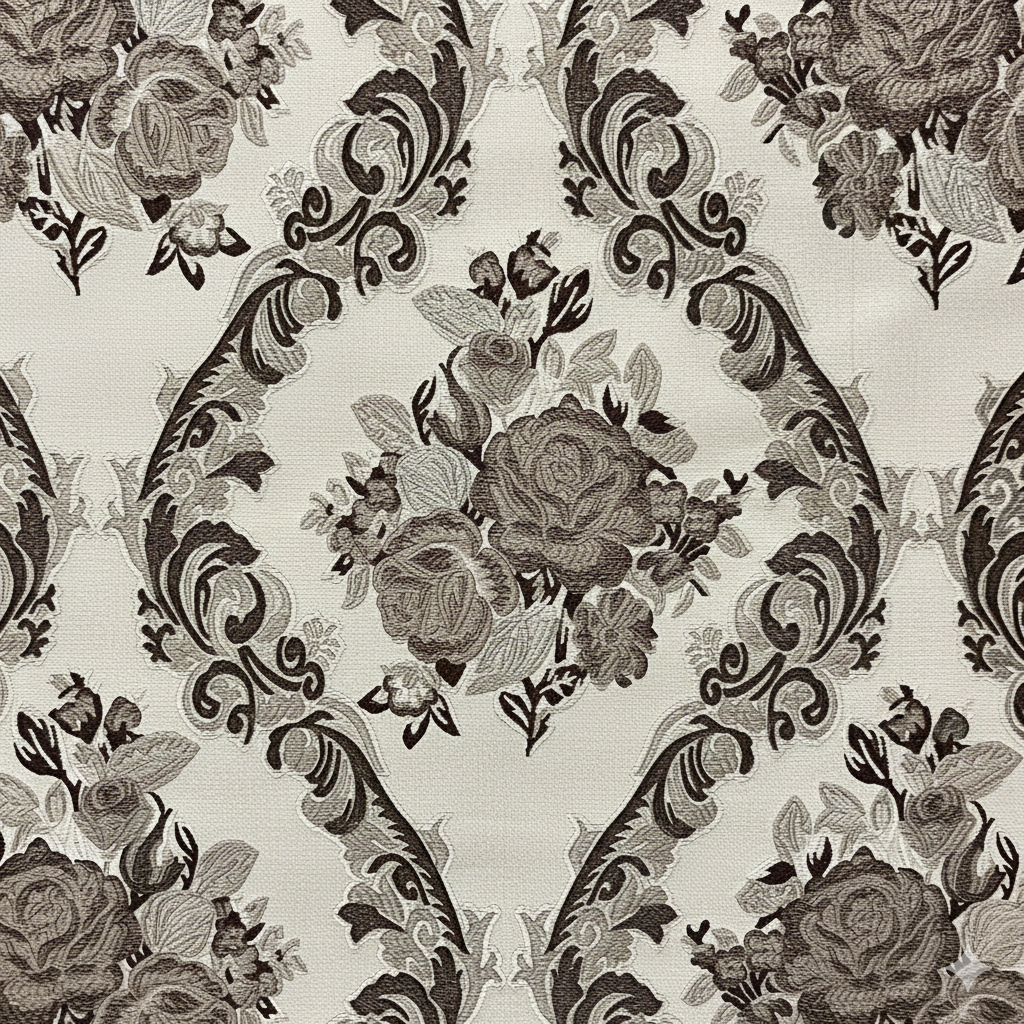 Decorative floral and baroque damask pattern on a beige background with Brown design