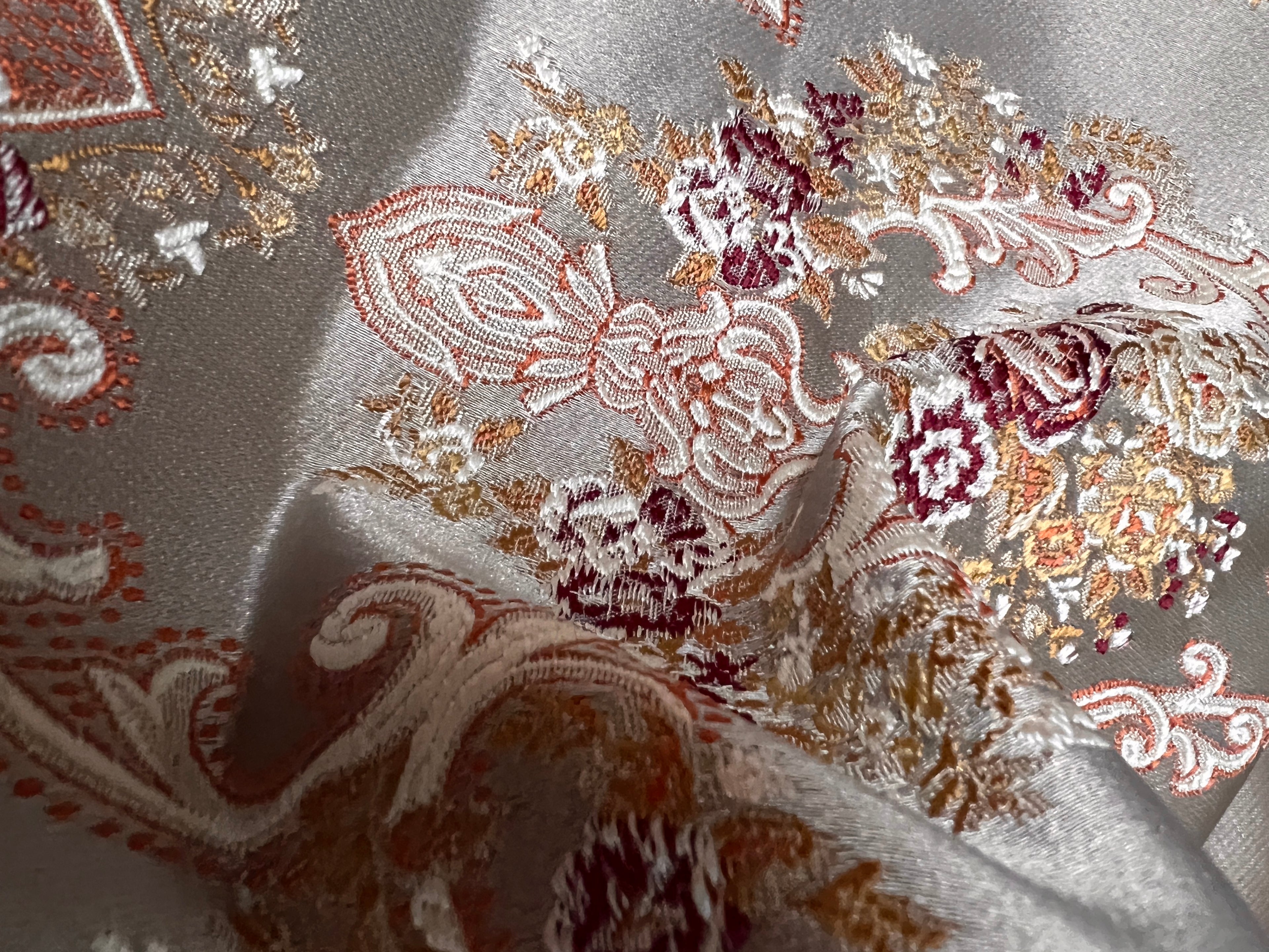 Decorative fabric with intricate floral damask on Heavenly Pink background