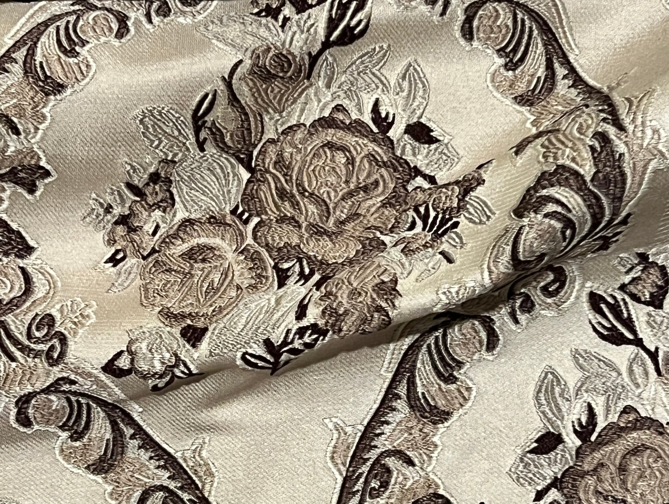 Decorative floral and baroque damask pattern on a beige background with Brown design