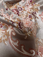 Decorative fabric with intricate floral damask on Heavenly Pink background