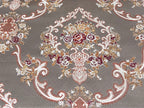 Decorative fabric with intricate floral damask on Heavenly Pink background