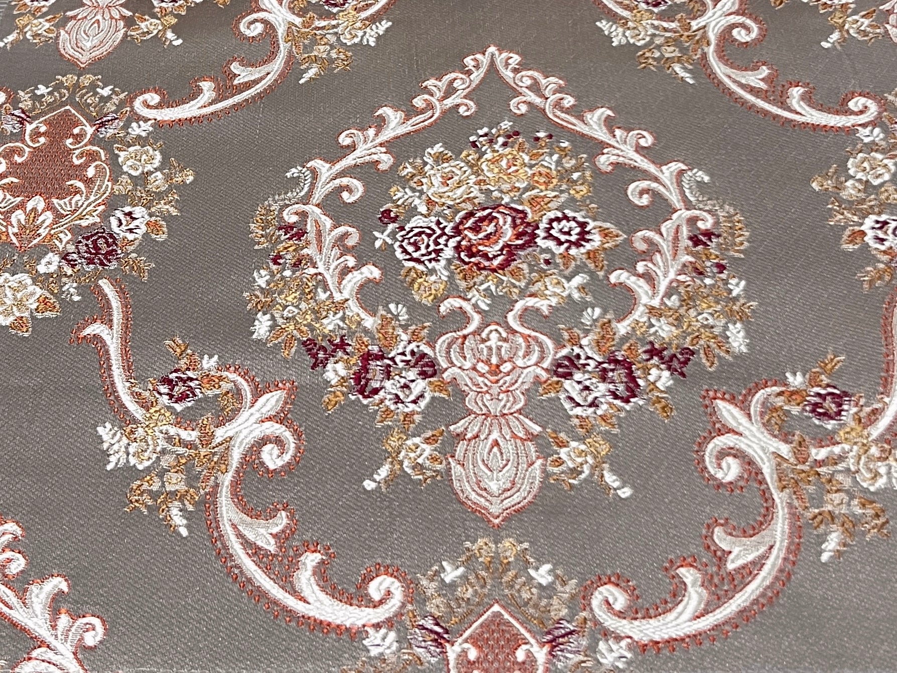 Decorative fabric with intricate floral damask on Heavenly Pink background