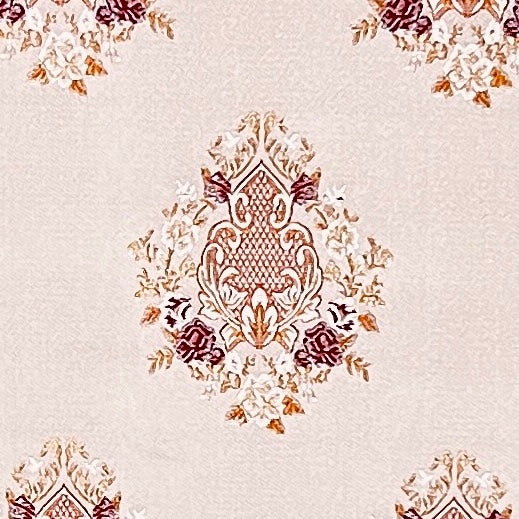 Decorative pattern with floral damask motif medallion elements on a Heavenly Pink background