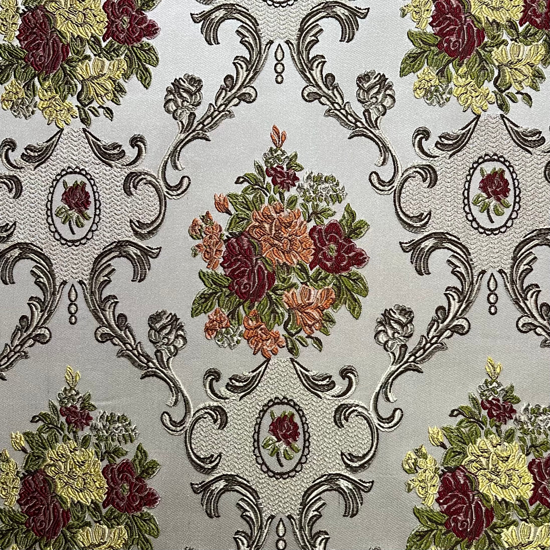 Decorative floral and damask baroque pattern with Green and yellow flowers on a beige background