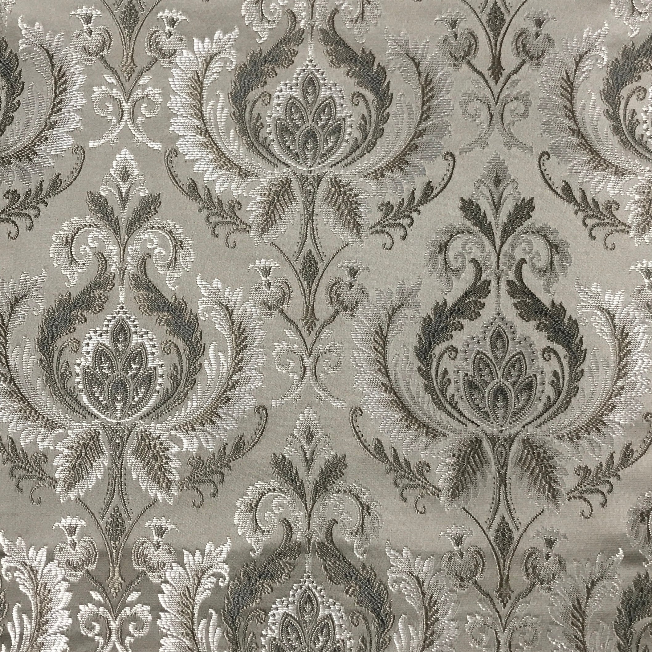 Silver damask upholstery fabric by the yard, close-up pattern view