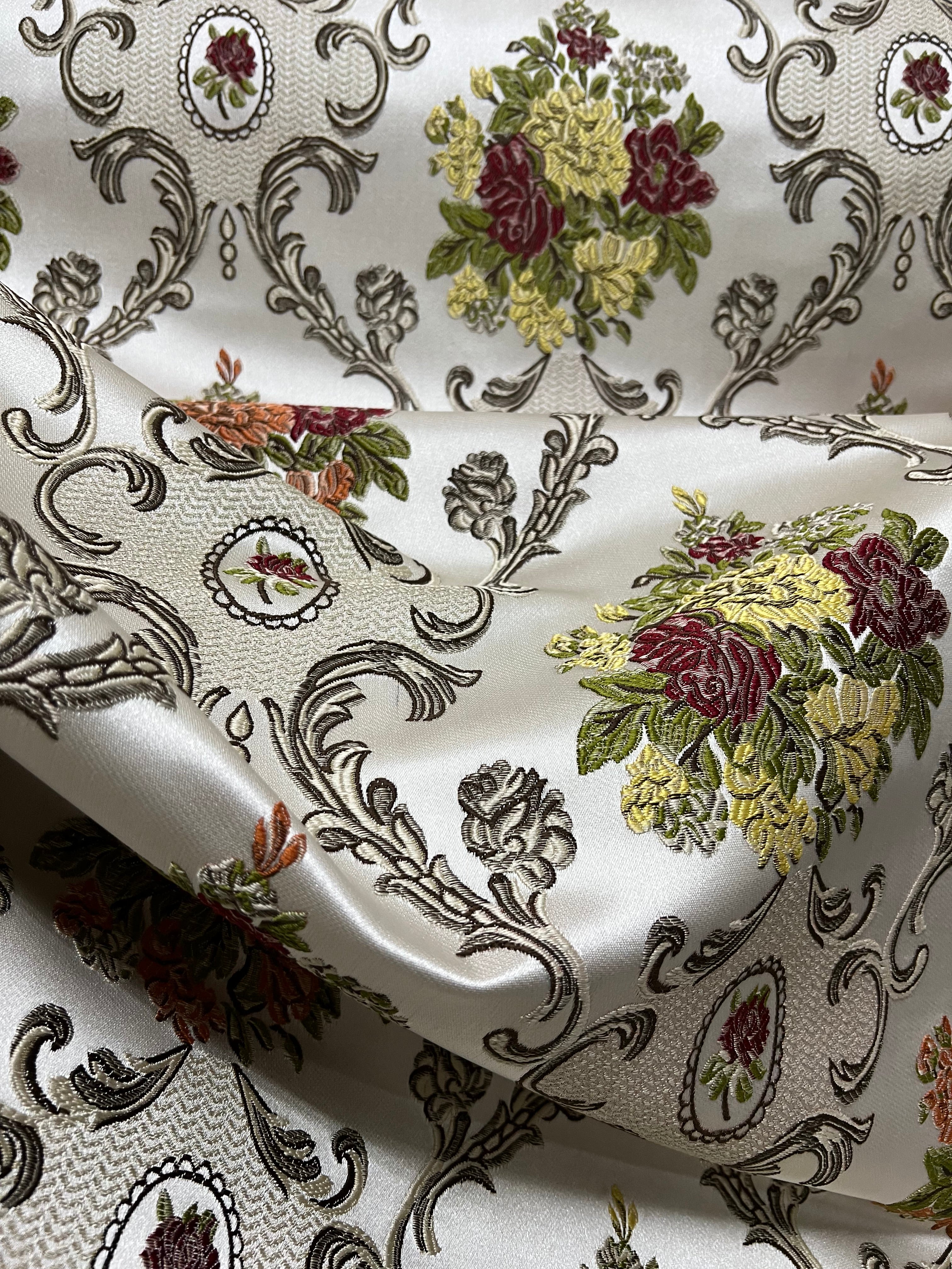 Decorative floral and damask baroque pattern with Green and yellow flowers on a beige background