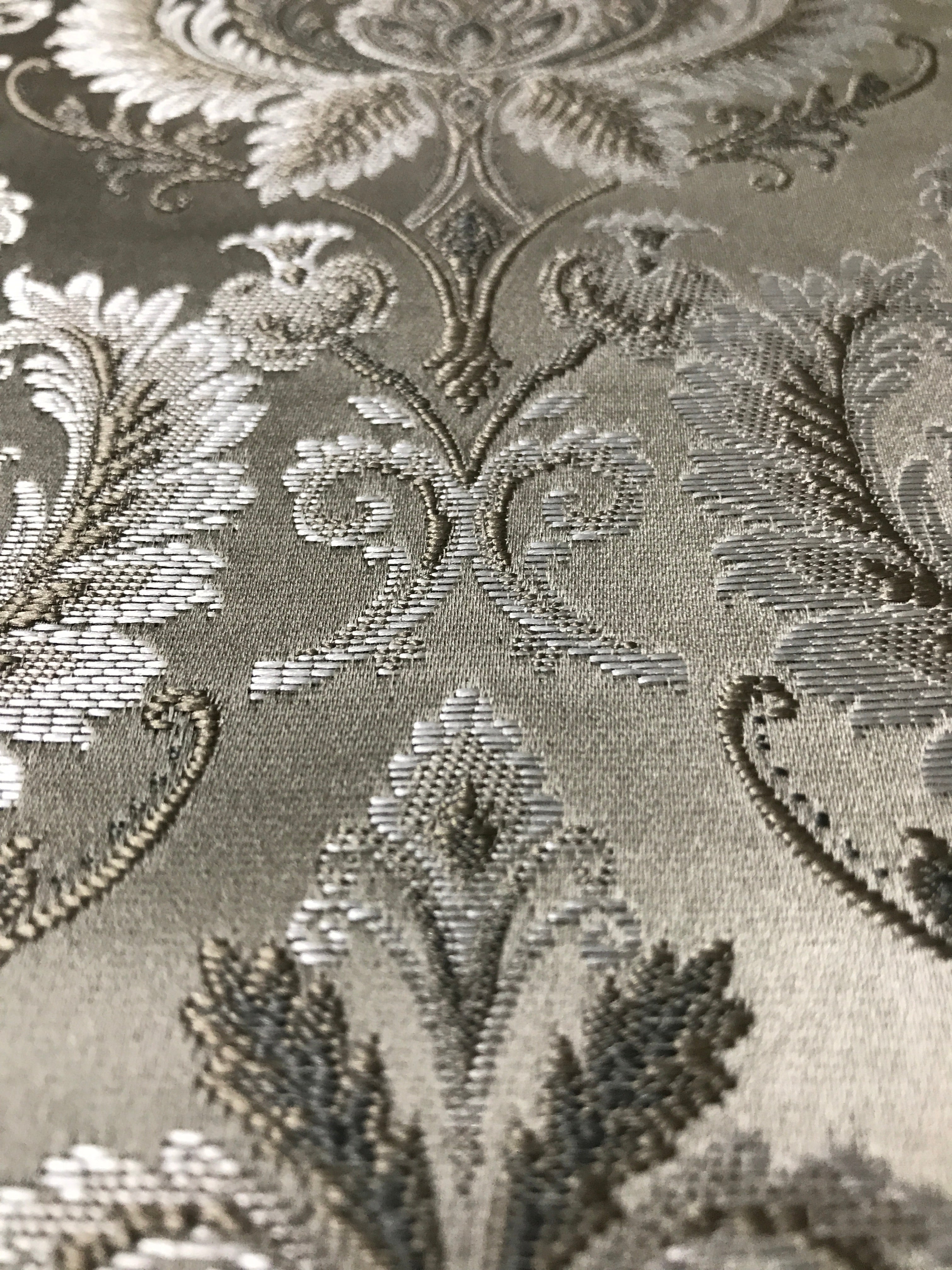 Silver damask fabric by the yard, full pattern layout view