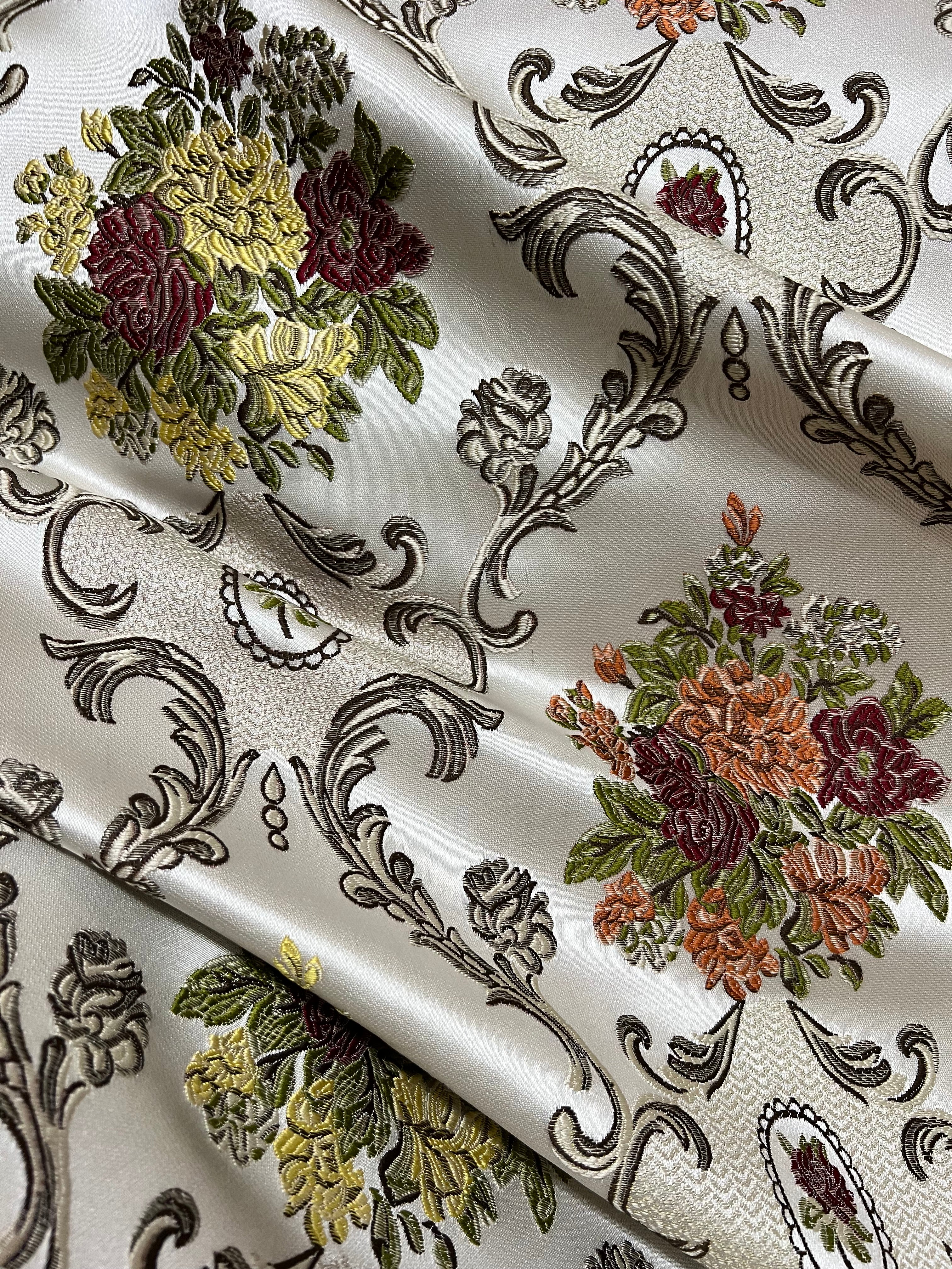 Decorative floral and damask baroque pattern with Green and yellow flowers on a beige background