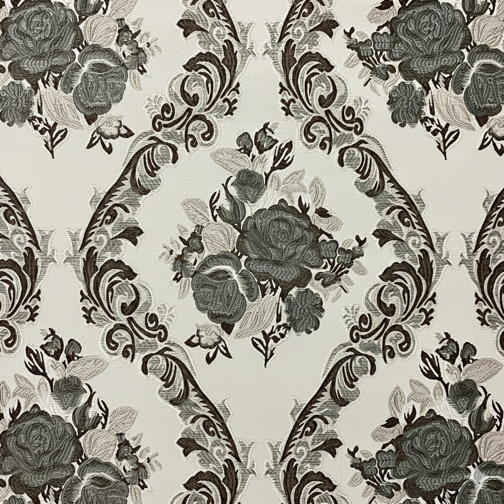 Decorative floral and baroque damask pattern on a beige background with Gray design