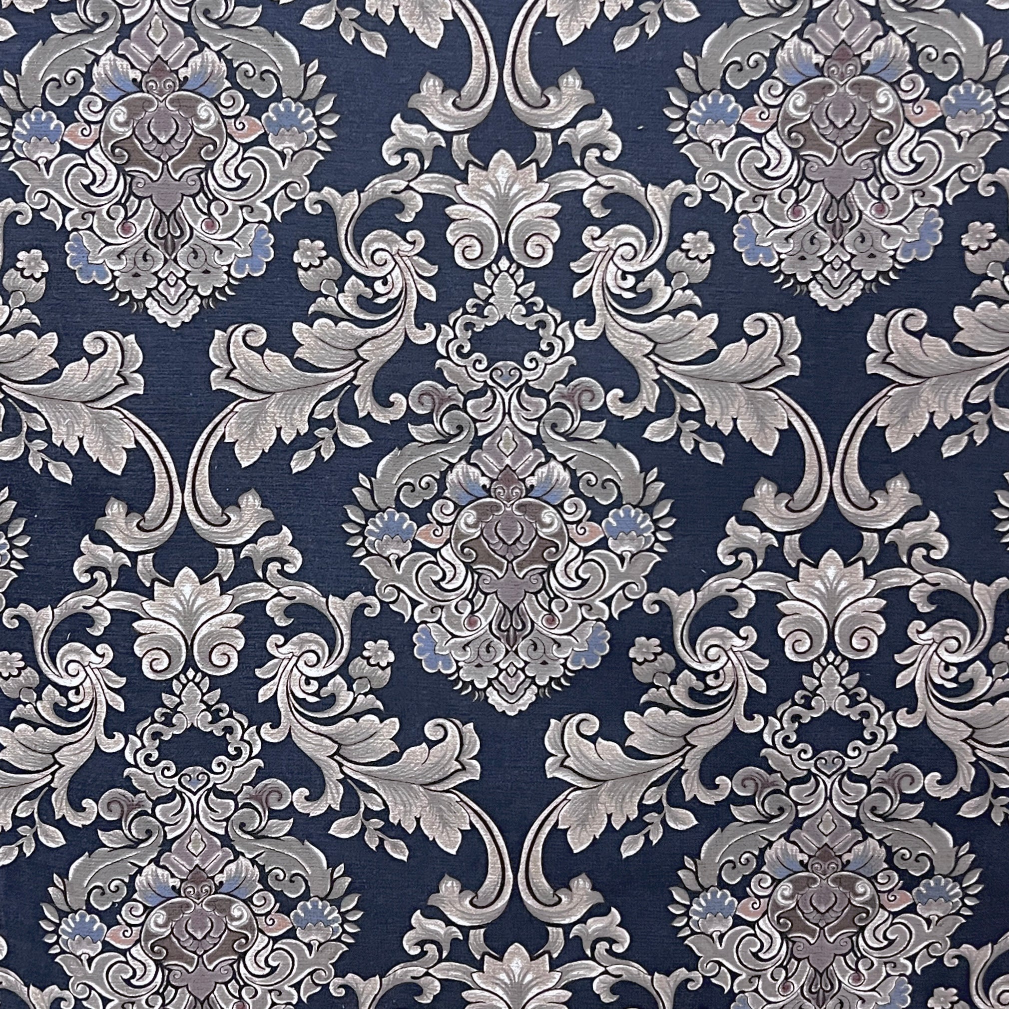 Decorative pattern with intricate floral Damask designs on a Midnight Pewter background