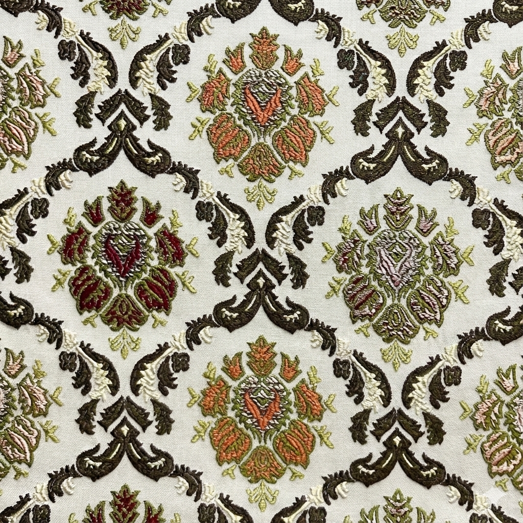 Decorative fabric with intricate Green floral pattern on a beige background