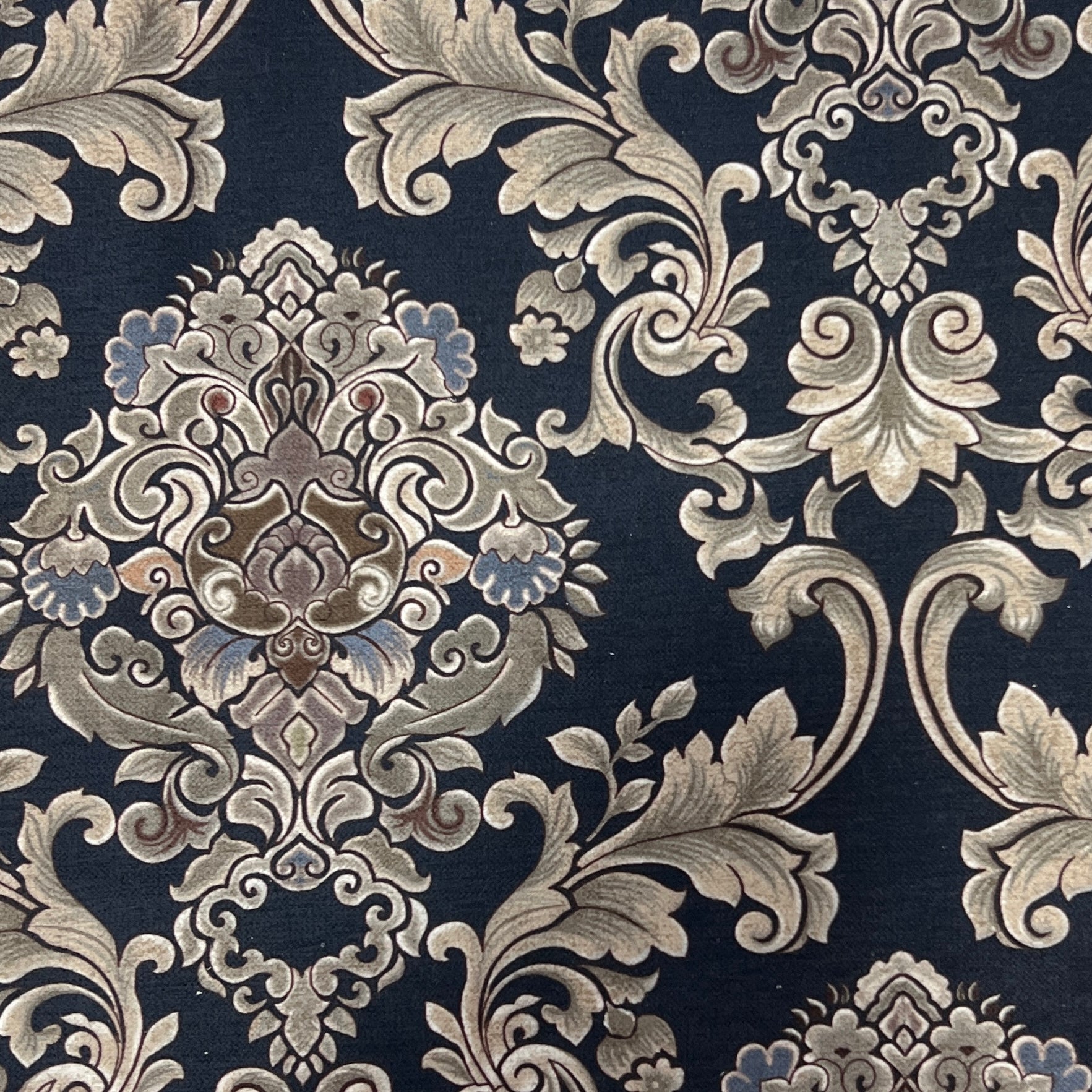 Decorative pattern with intricate floral Damask designs on a Midnight Pewter background