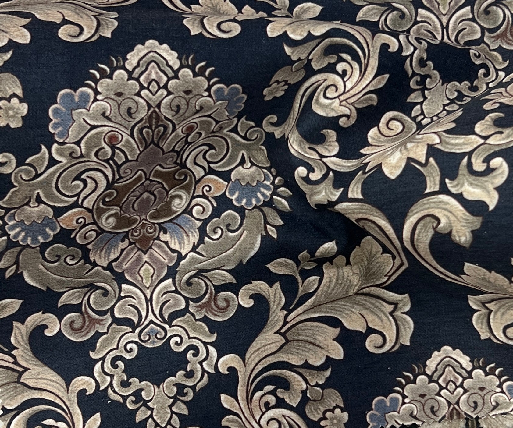 Decorative pattern with intricate floral Damask designs on a Midnight Pewter background