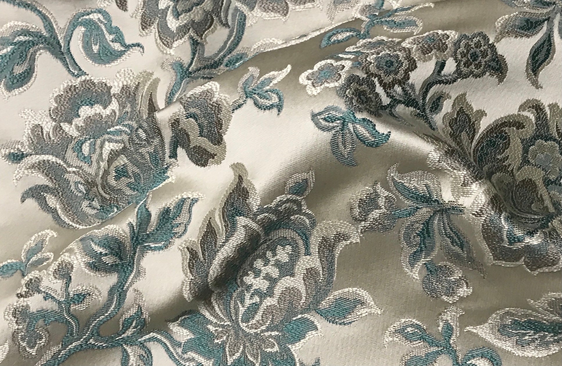 Sapphire blue floral jacquard fabric by the yard, full pattern layout view.