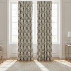 Patterned fabric with decorative Medallion Motif design on a Beige background on curtain panels