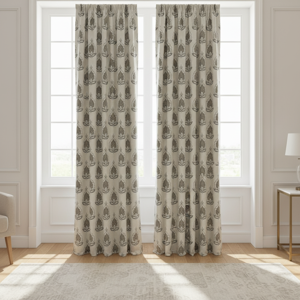 Patterned fabric with decorative Medallion Motif design on a Beige background on curtain panels
