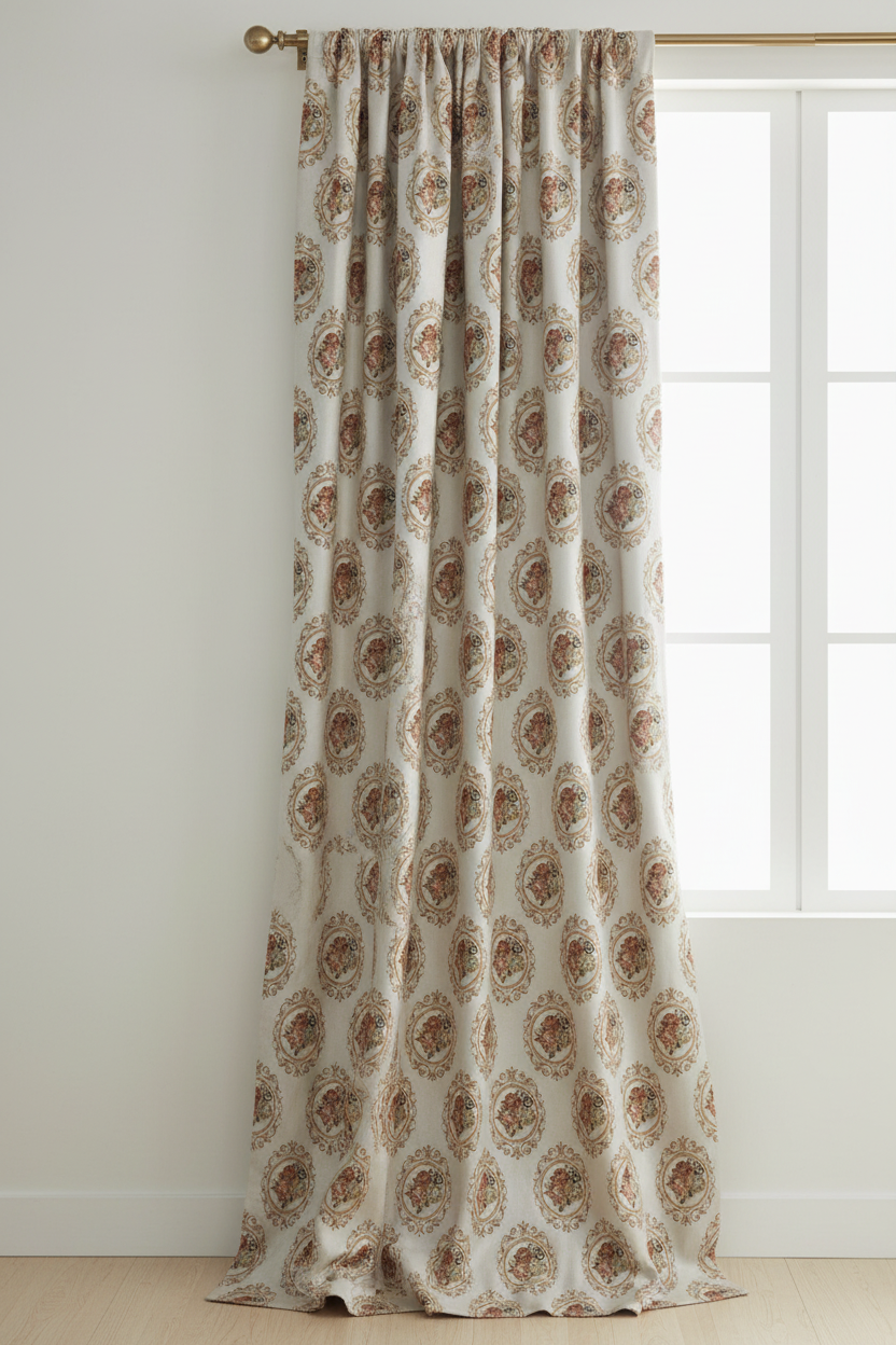 Decorative fabric with floral embroidery and intricate pattern such as Victorian Mirror Floral on an Antique White background curtain panel