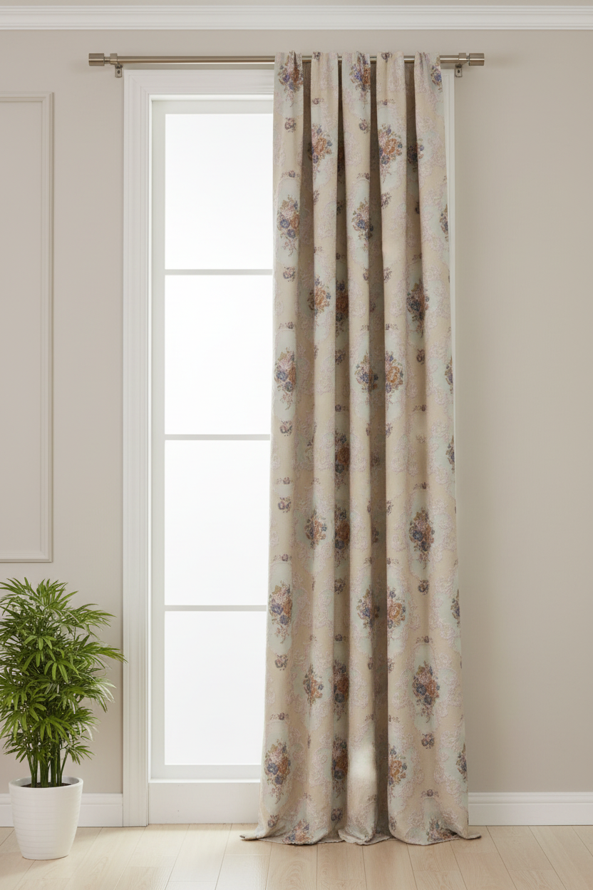 Decorative floral and damask pattern on a Beige background curtain panel