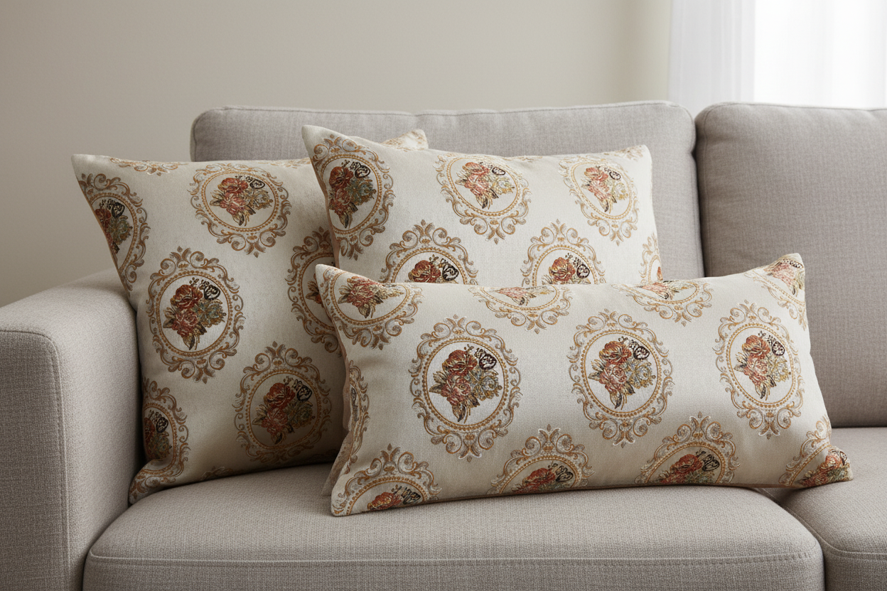Decorative fabric with floral embroidery and intricate pattern such as Victorian Mirror Floral on an Antique White background on cushion covers