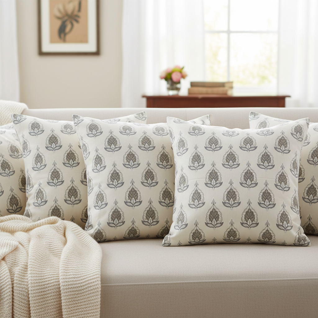 Patterned fabric with decorative Medallion Motif design on a Beige background on cushion covers