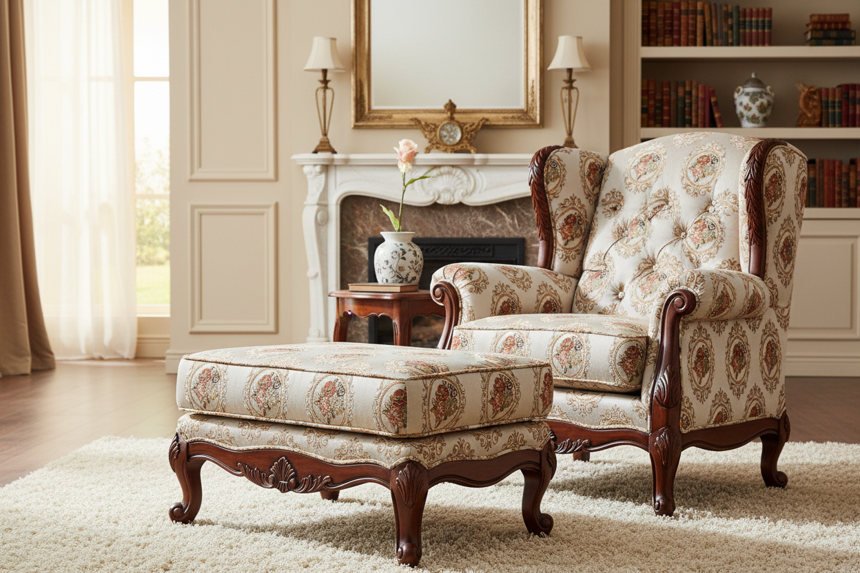 Decorative fabric with floral embroidery and intricate pattern such as Victorian Mirror Floral on an Antique White background on a furniture